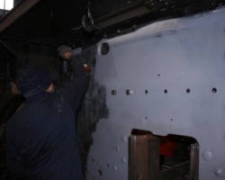 Finally we find our Engineering Manager, John Bowater, applying primer to a section of the LH frame that is normally hidden behind the centre driving wheel opposite to where all the rebuilding is being carried out.